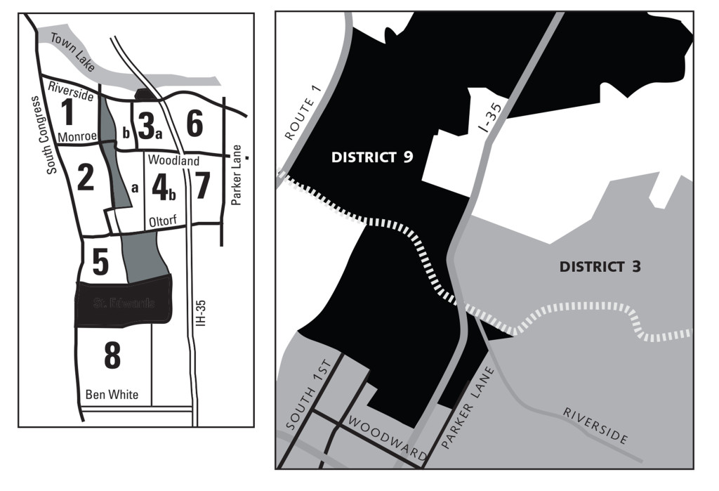 LEFT: SRCC Area Map  RIGHT: With 10-1 districting, SRCC is in two districts, No. 9 and No 3. Illustration based on http://austinredistricting.org/Final/ab9Plan1120.kmz 